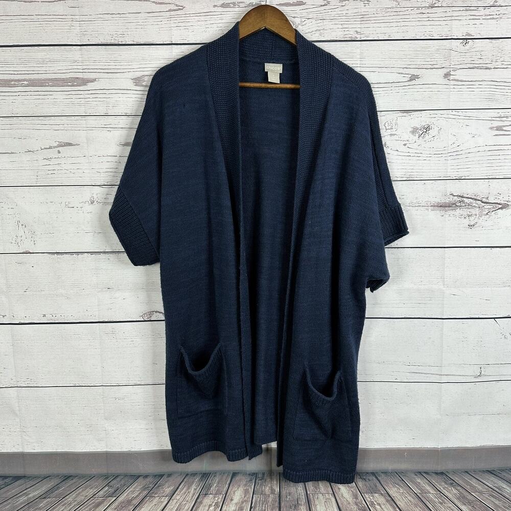 Chicos Sweater Womens XL Blue Knit Open Cardigan Pockets Half Sleeve Coastal